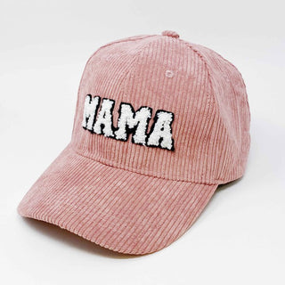 pink corduroy MAMA ball cap with fuzzy patch lettering