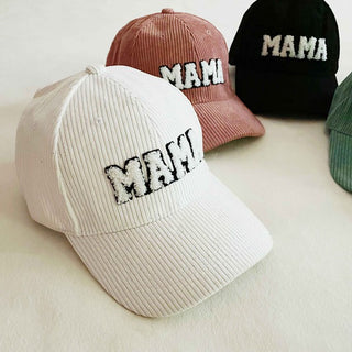 corduroy MAMA ball cap with fuzzy patch lettering