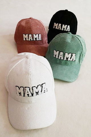 corduroy MAMA ball cap with fuzzy patch lettering 