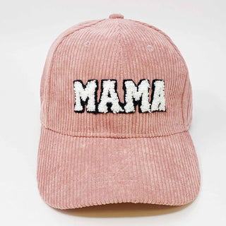 pink corduroy MAMA ball cap with fuzzy patch lettering