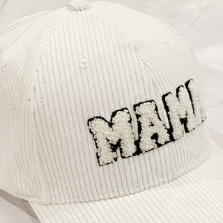 white corduroy MAMA ball cap with fuzzy patch lettering