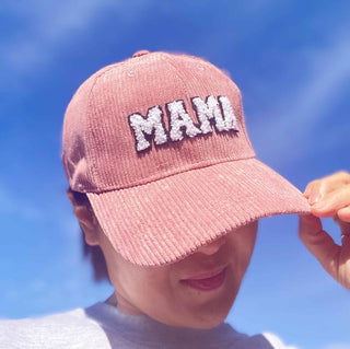 pink corduroy MAMA ball cap with fuzzy patch lettering