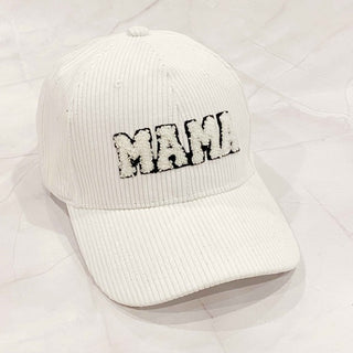 white corduroy MAMA ball cap with fuzzy patch lettering