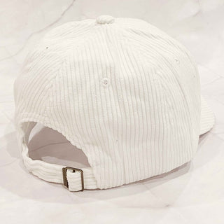 white corduroy MAMA ball cap with fuzzy patch lettering back view