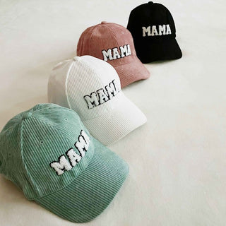 corduroy MAMA ball cap with fuzzy patch lettering