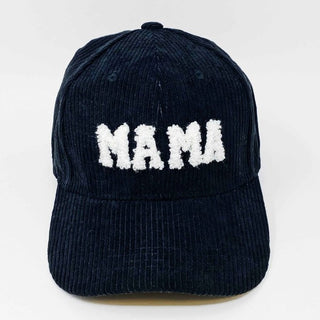 black corduroy MAMA ball cap with fuzzy patch lettering