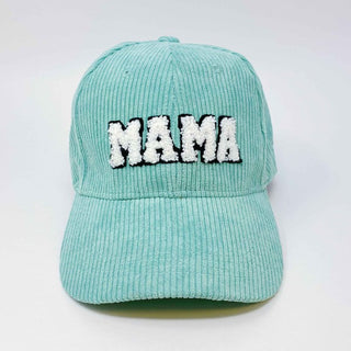 sage corduroy MAMA ball cap with fuzzy patch lettering