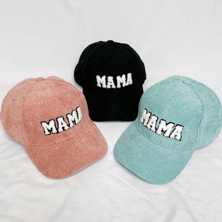 corduroy MAMA ball cap with fuzzy patch lettering