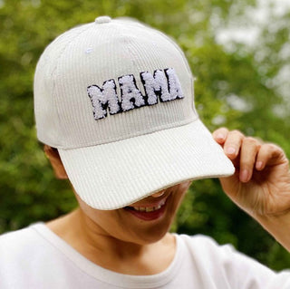 white corduroy MAMA ball cap with fuzzy patch lettering