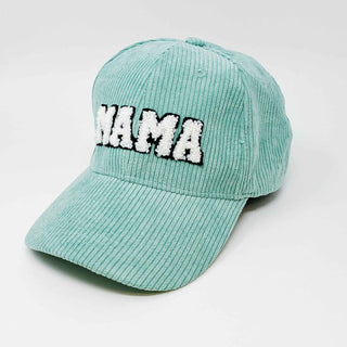 sage corduroy MAMA ball cap with fuzzy patch lettering 