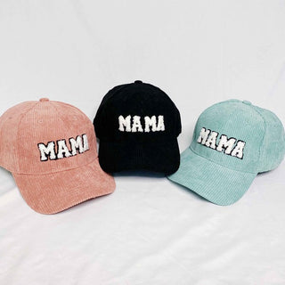 corduroy MAMA ball cap with fuzzy patch lettering