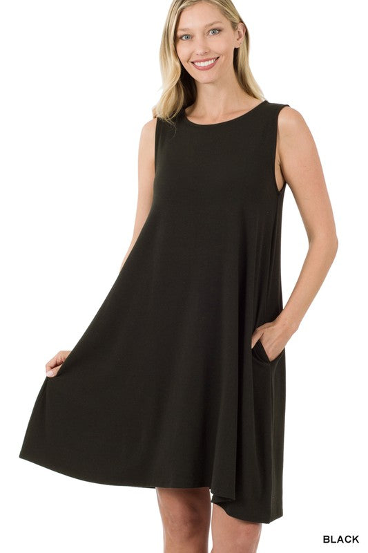 Black Sleeveless Flared Dress with Side Pockets 