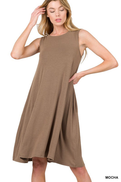 Mocha Sleeveless Flared Dress with Side Pockets 