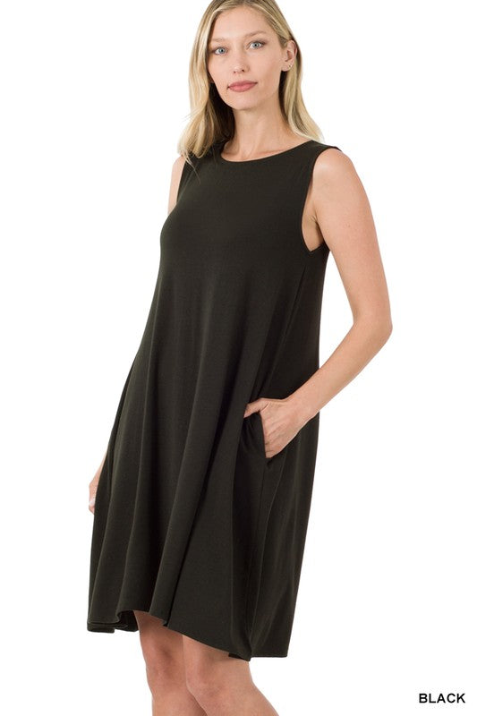 Black Sleeveless Flared Dress with Side Pockets 