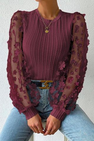 wine cable knit round neck flower applique long sleeve