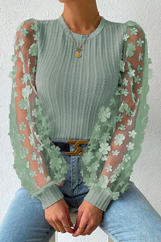 sage cable knit round neck flower applique long sleeve