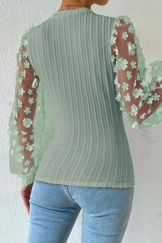 sage cable knit round neck flower applique long sleeve