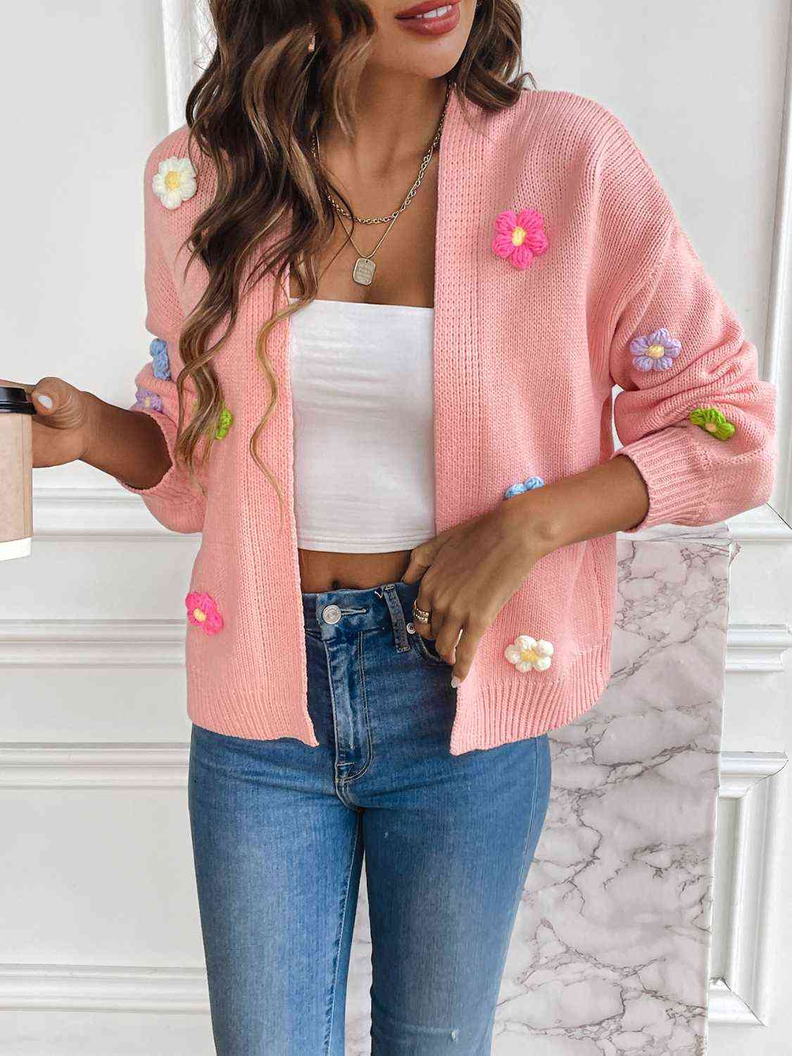 Floral Long Sleeve Open Front Cardigan Pink