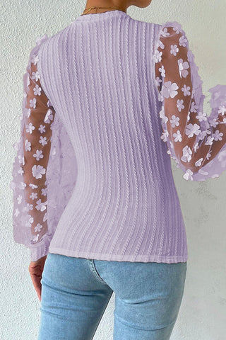 lavender cable knit round neck flower applique long sleeve back view