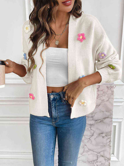 Floral Long Sleeve Open Front Cardigan White 