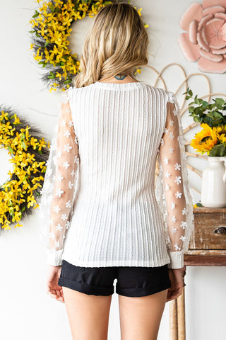 white cable knit round neck flower applique long sleeve back view