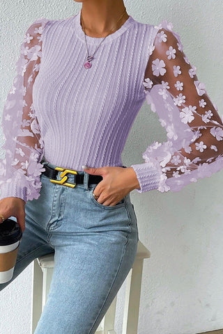 lavender cable knit round neck flower applique long sleeve