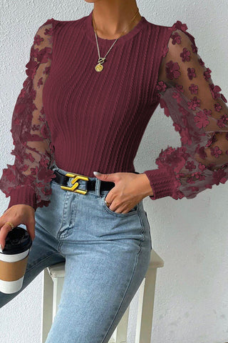 wine cable knit round neck flower applique long sleeve