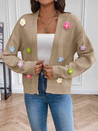 Floral Long Sleeve Open Front Cardigan Khaki 