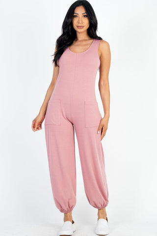 Pink Sleeveless Scoop Neck Front Pocket Jumpsuit