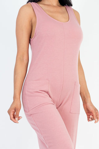 Pink Sleeveless Scoop Neck Front Pocket Jumpsuit