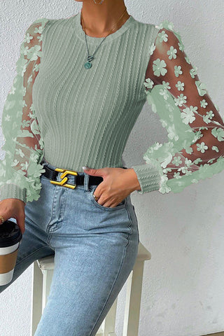 sage cable knit round neck flower applique long sleeve