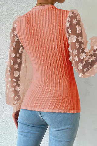 coral cable knit round neck flower applique long sleeve