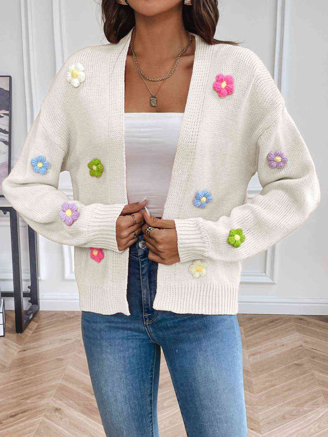 Floral Long Sleeve Open Front Cardigan White 