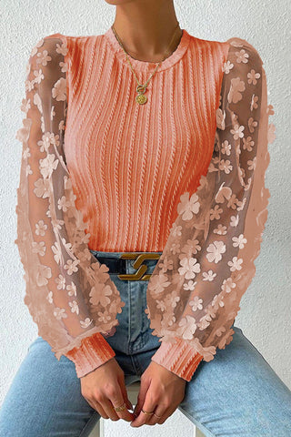 coral cable knit round neck flower applique long sleeve