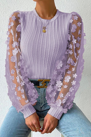 lavender cable knit round neck flower applique long sleeve