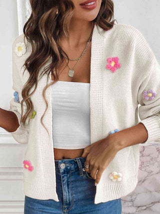 Floral Long Sleeve Open Front Cardigan White 