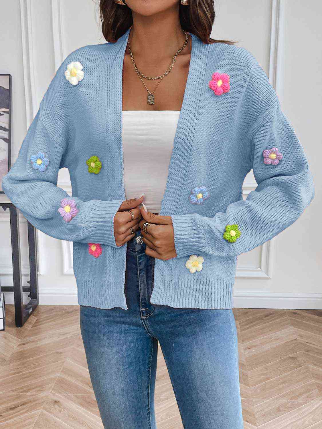 Floral Long Sleeve Open Front Cardigan Blue