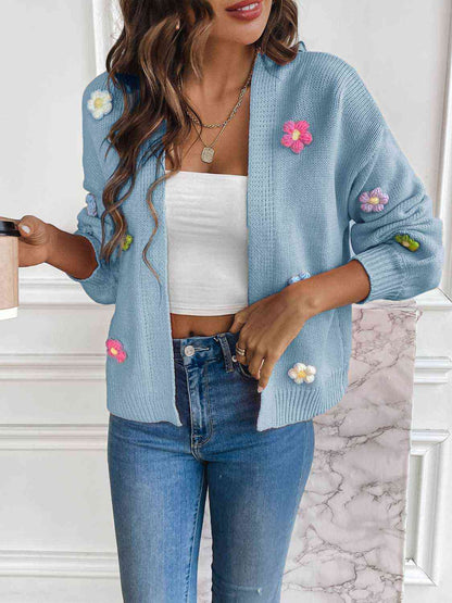 Floral Long Sleeve Open Front Cardigan Blue 