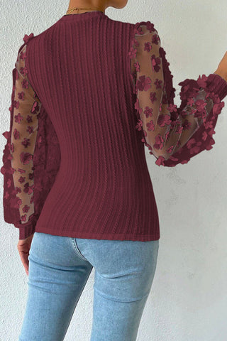 wine cable knit round neck flower applique long sleeve back view